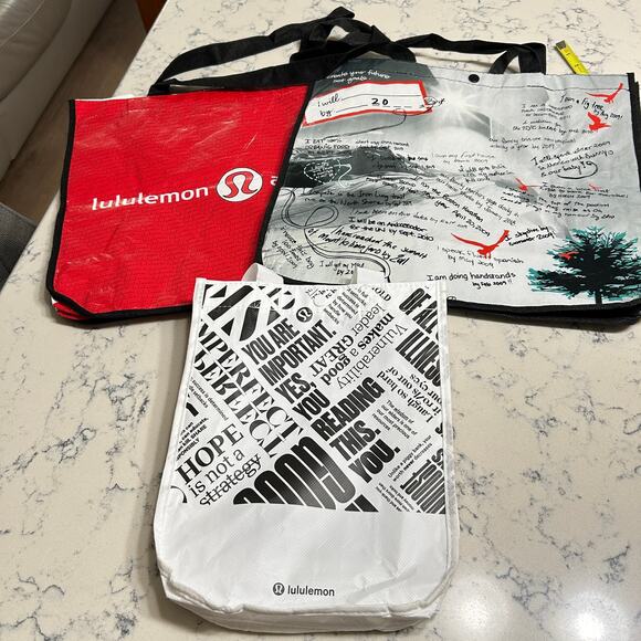Lot of 3 Lululemon Athletica Reusable Shopping Bags Small White, VTG 2009, Red - Picture 1 of 14